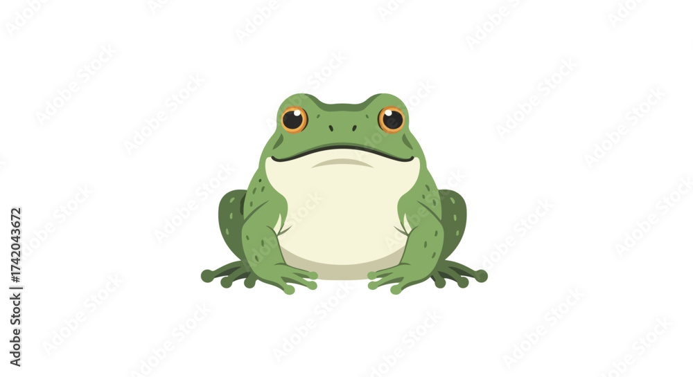 Fototapeta premium Cartoonish Illustration of a Green Frog Sitting with a Blank Stare on a Plain White Background Ideal for Children's Media or Educational Purposes