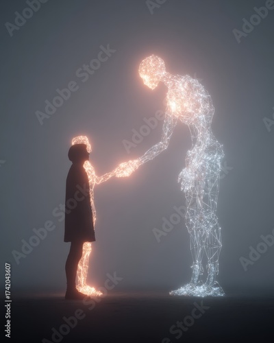 Abstract glowing wireframe of a humanoid robot shaking hands with a human.