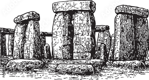 Vintage Black and White Vector Illustration of Stonehenge Standing Stones in Engraved Line Art Style