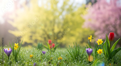 A meadow with colorful flowers in a blurred background
