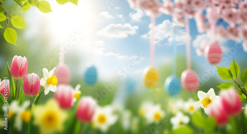 Easter eggs hanging from tree with tulips and daffodils