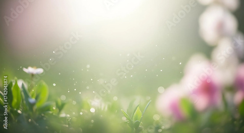 Soft focus of pink and white flowers in a green field