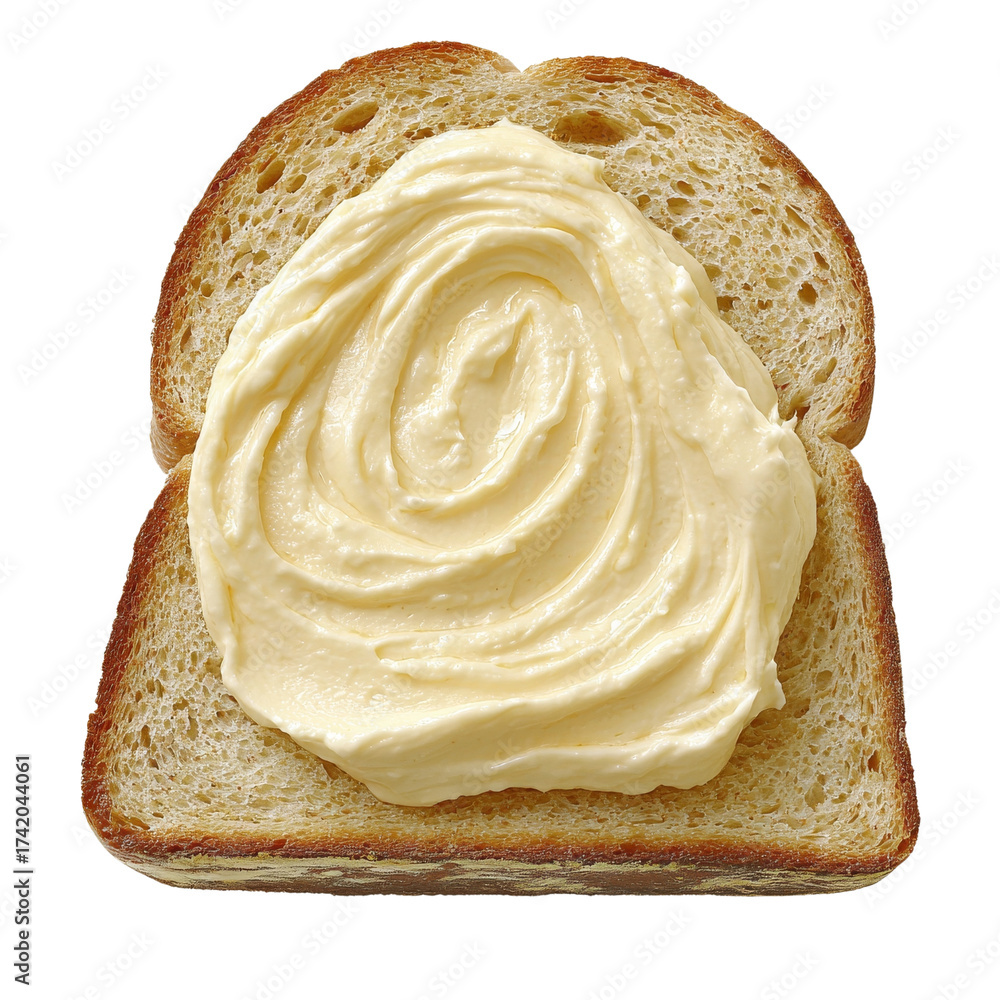 Fototapeta premium Delicious Slice of Bread with Creamy Spread Isolated Against White Backdrop