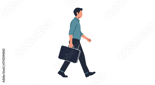 Flat vector illustration of a businessman walking with a briefcase in hand to work with determination and purpose on white background