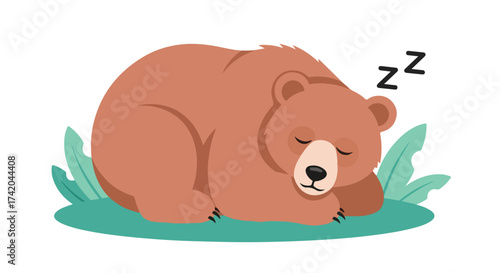 Peaceful slumber: A cartoon bear taking a nap surrounded by green foliage with sleep z's hovering above its head suggesting a state of deep relaxation