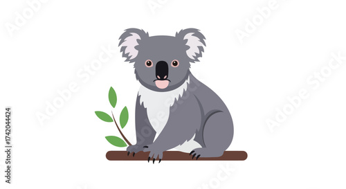 Cute Koala Illustration Sitting on a Branch with Green Leaves on White Background that Represents Australian Wildlife and Nature Conservation