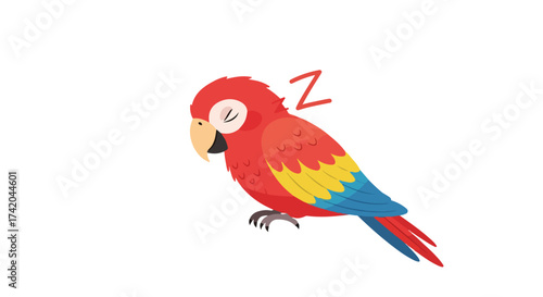 Cartoon tropical scarlet macaw sleeping deeply with Z symbol, exotic bird with closed eyes in bright feather plumage vector illustration on a white