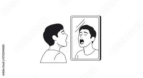 Linear artwork depicting a boy checking his mouth, the boy looks in the mirror while opening his mouth for throat observation or a doctor's