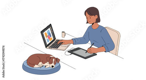 Creative professional working from home with sleeping dog companion at her feet provides a calm and inspiring atmosphere conducive to artistic
