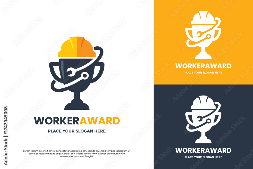 Fototapeta premium Worker Award logo design. A trophy with a construction helmet and a wrench emblem symbolizes excellence in industry, engineering, and mechanical repair. Ideal for worker recognition.