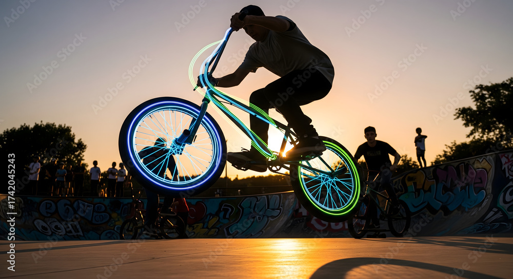 Fototapeta premium Silhouette of BMX Rider Performing Trick with Neon Outlines at Skatepark, BMX Rider Silhouetted Against Sunset with Neon-Illuminated Bicycle at Skatepark