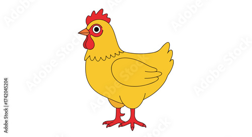 Cartoon illustration of a yellow chicken with red comb and wattles against a white background creates a cheerful design perfect for children