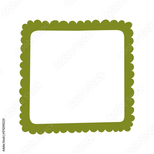 A single hand-drawn square frame with rounded wavy edges. Bold olive green decorative border in minimalist doodle style. Great for scrapbooking, invitations, cards, posters, photo albums, and crafts.