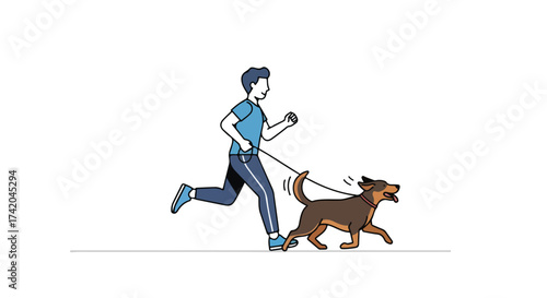 Vector illustration depicting an athletic man actively jogging alongside his happy canine companion on a leash in a bright minimal scenery