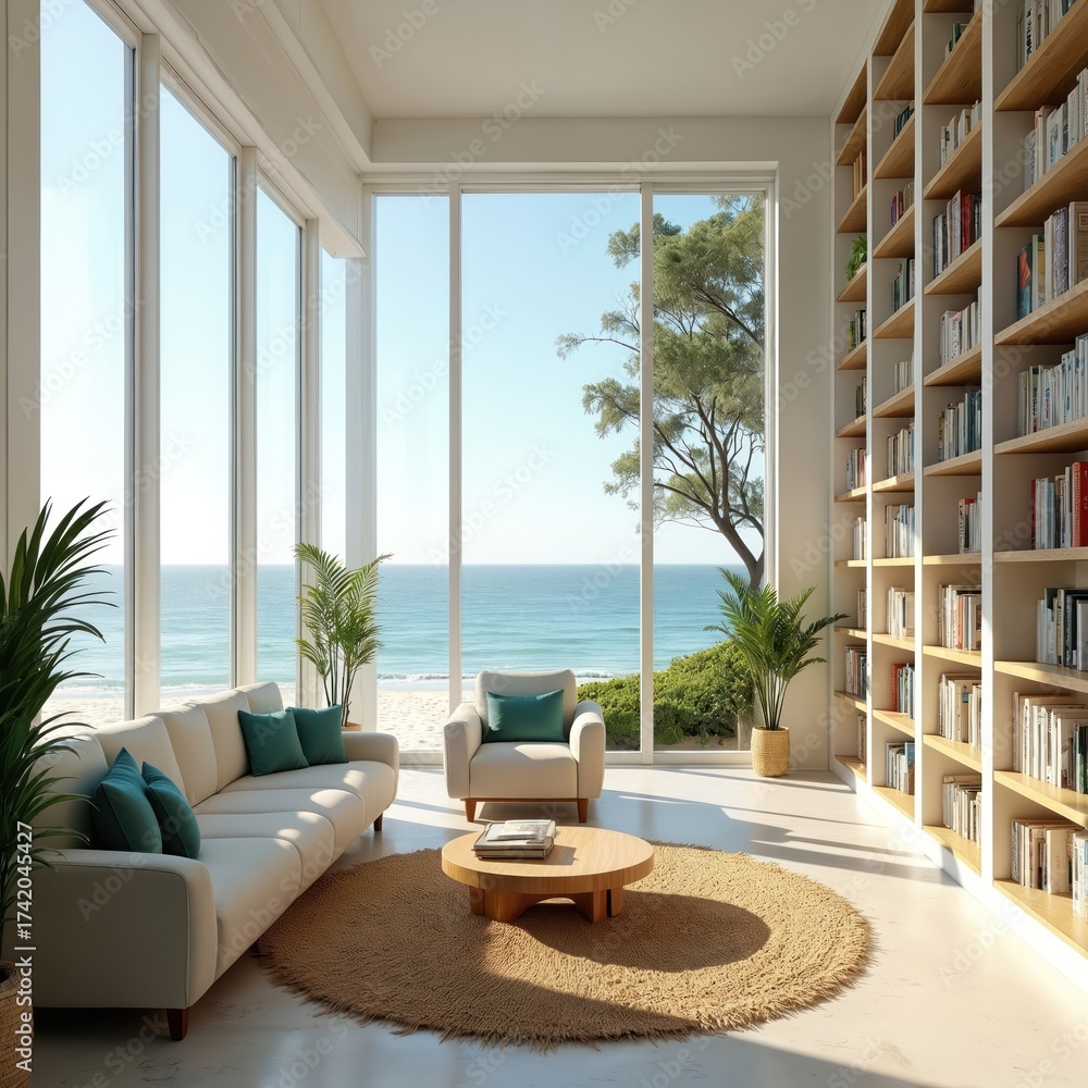Fototapeta premium Beachfront library with floor to ceiling windows and ocean views. Modern minimalist decor. Bookshelves filled with literature. A cosy seating area overlooks the sea.