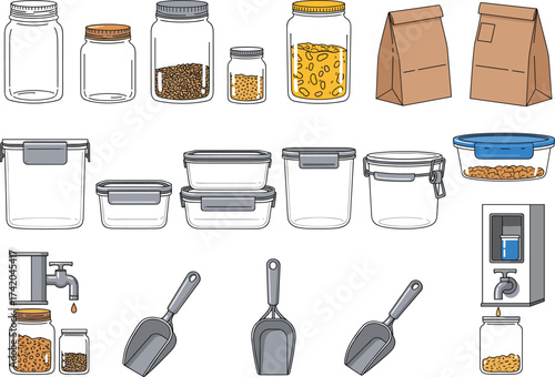 Bulk Food Shopping Vector Icons Set – Glass Jars, Paper Bags, Reusable Containers, and Eco-Friendly Grocery Illustrations