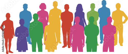 Colorful human silhouettes, diverse people illustration, individuality concept, inclusive design, vibrant figures, unity in diversity, social harmony, equality, community, representation