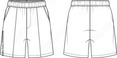 Elastic waist shorts flat sketch, fashion CAD technical drawing, vector apparel template with side pockets, faux fly, vertical seam detail illustration
