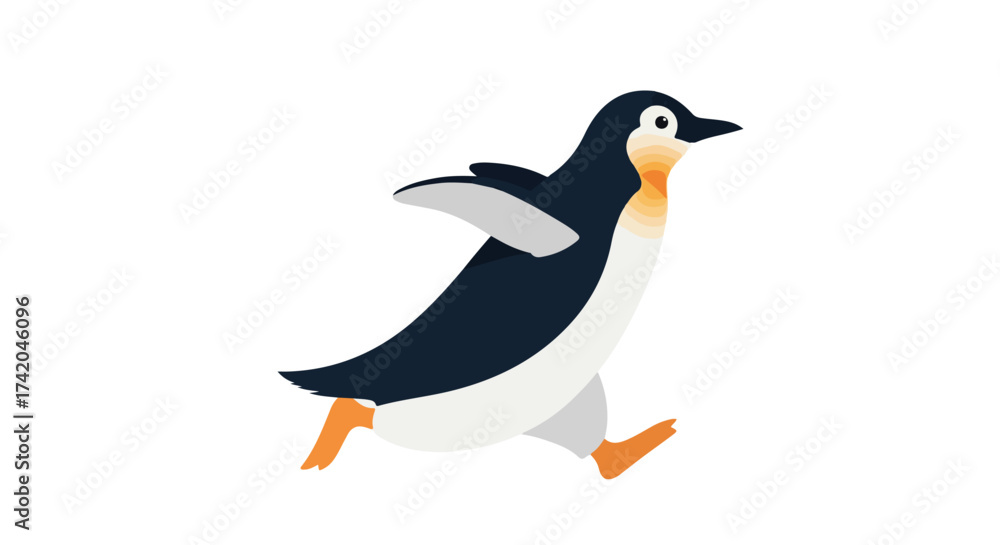 Fototapeta premium Animated penguin character running swiftly, isolated on a white background, conveying a sense of urgency and playful energy in a cartoon style