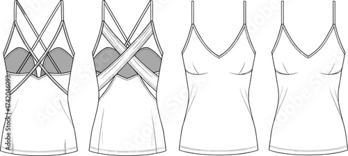 Camisole top flat sketch, fashion CAD technical drawing, vector apparel template with crisscross straps, sweetheart neckline, fitted silhouette illustration