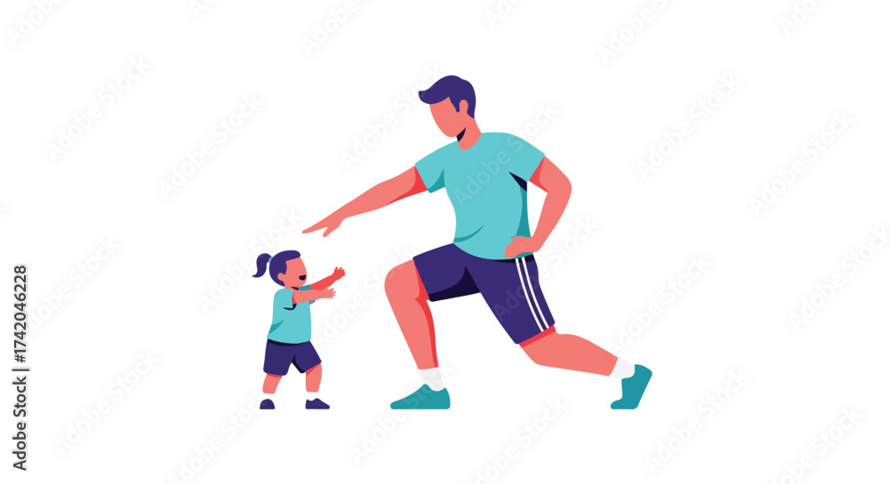 Obraz premium Fatherhood wellness: A dad exercising with his daughter in matching outfits on a white background, showing connection and promoting healthy habits