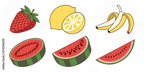A colorful collection of fresh fruits like apple, banana, orange, and kiwi on a white background for a healthy diet
