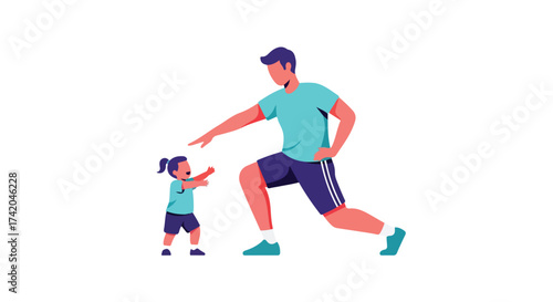 Fatherhood wellness: A dad exercising with his daughter in matching outfits on a white background, showing connection and promoting healthy habits