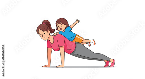 Energetic mother doing push-ups with playful daughter riding on her back depicting strong maternal bond and healthy lifestyle concept