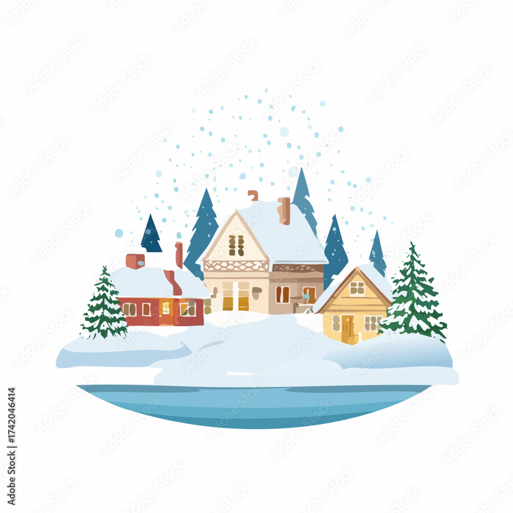 Obraz premium Snow falling over small winter village