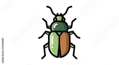 Stylized beetle illustration with earthy tones, thick black outlines and simplified anatomical structure for a modern aesthetic design