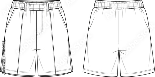 Utility shorts flat sketch, fashion CAD technical drawing, vector apparel template with elastic waistband, belt loops, side pockets, curved hem illustration