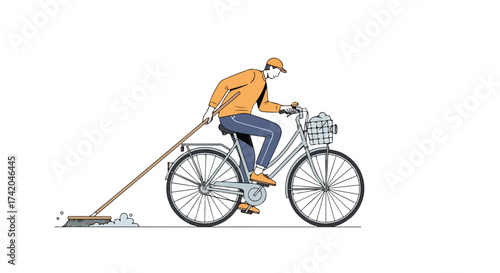 Unconventional Street Cleaning: A Man on a Bicycle Tows a Broom in an Effort to Clean Streets Efficiently