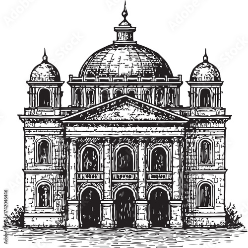 Vintage Black and White Vector Illustration of an Opera House with Domes and Classical Architectural Details in Engraved Line Art Style