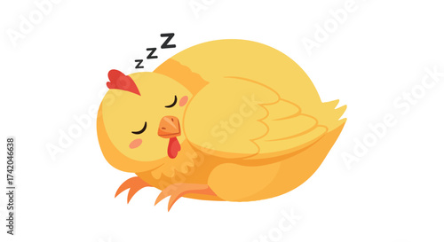 Adorable sleepy chick curled up, taking a nap with 'Zzz' floating above its head indicating deep slumber in bright yellow shades illustration