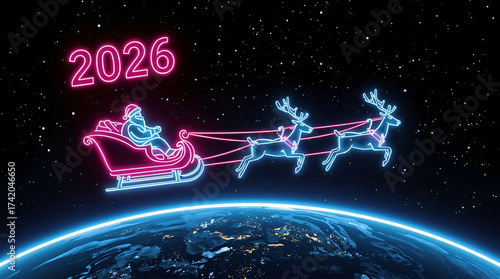 Neon santa claus and reindeer sleigh fly over earth in 2026 space scene