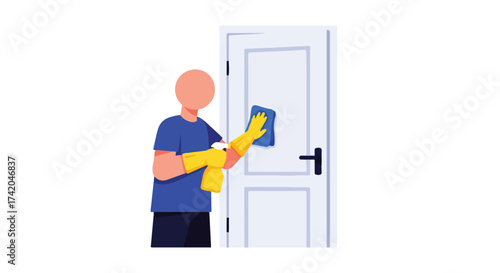 Person cleaning a white door with spray and cloth, highlighting hygiene and home care practices illustrated in flat design style