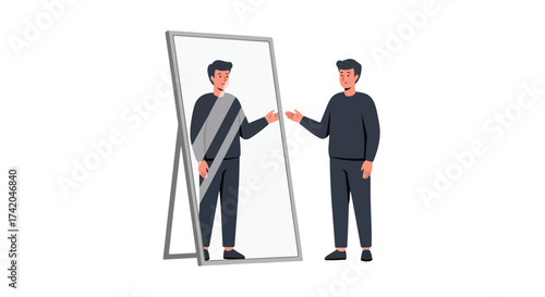 Man confronting his mirrored self in the glassy reflection portraying introspection and identity analysis seeking inner truths on a stark background