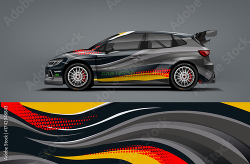 Editable vector EPS car wrap featuring gray base with red and yellow flowing wave lines. Bold dynamic rally design combining power and speed for racing visuals.