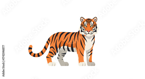 Majestic Tiger Illustration with Bold Stripes and Focused Gaze on Plain White Background Featuring Sleek Design