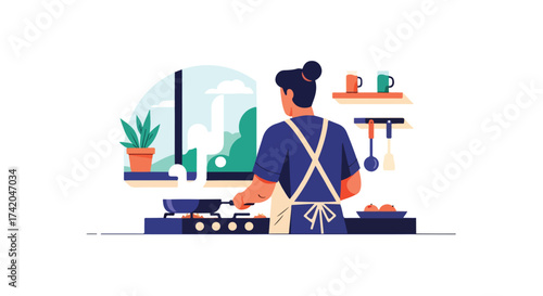 Serene culinary scene: Woman preparing a meal in a modern kitchen, embracing simplicity and domesticity, offering a warm and inviting atmosphere