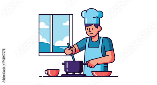 Whimsical culinary artist in a cartoon style preparing a delightful dish near a scenic window scene indoors and professionally illustrated