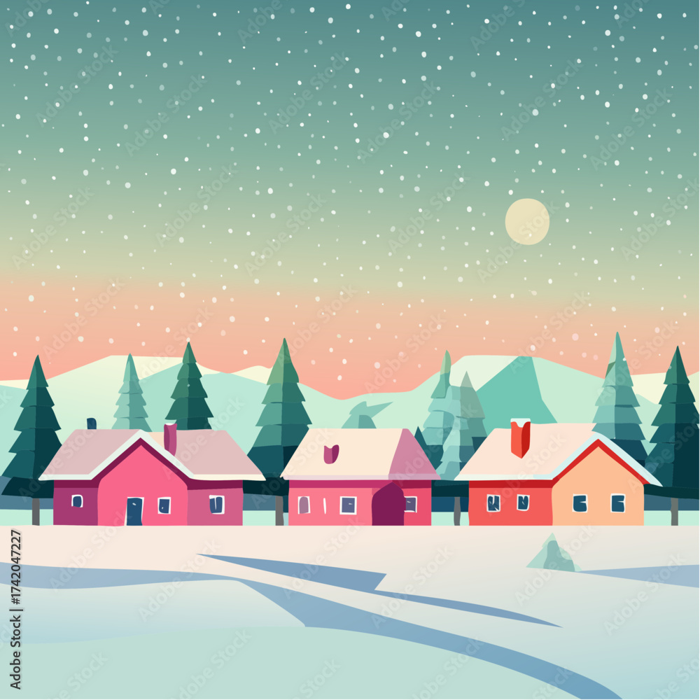 Naklejka premium Snow falling over small winter village