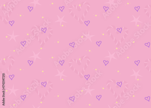 Seamless pink background with hearts and star shapes, cute decorative pattern.