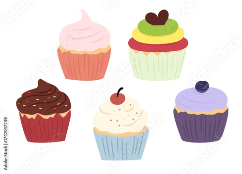 Set of colorful cupcakes with various frostings and toppings, sweet dessert illustration.