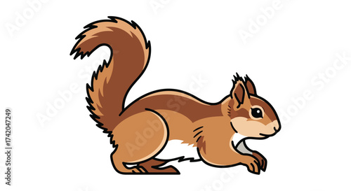 Stylized squirrel illustration with detailed furry tail poised for a leap against pristine white background showcasing nature's charm