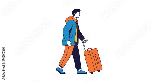 Stylized traveler illustration ready for new adventure with his luggage with isolated background