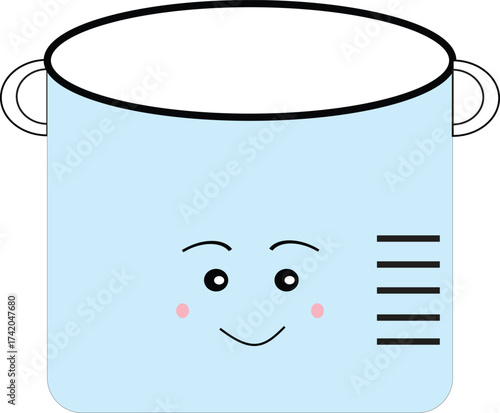 An adorable cooking pot icon featuring a cute face and measurement lines, designed in a clean, minimalist kawaii style. This charming vector is ideal for kitchen decor, cooking app icons, product labe