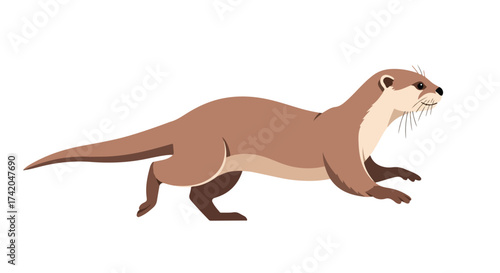 Cartoon illustration of a nimble otter in motion against a stark white backdrop creating a clean simple yet captivating wildlife image