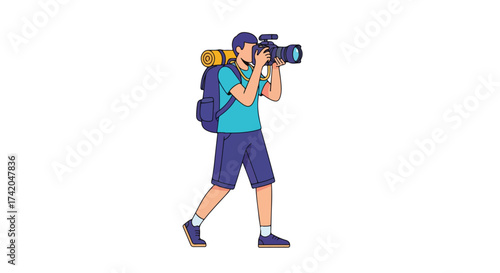 Capturing Moments: An Animated Character with Camera and Backpack on Adventure Trip, Depicting an Outdoor Enthusiast