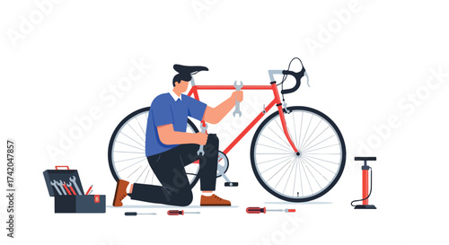 Conceptual illustration of a bicycle repairman performing maintenance on a road bike at home workshop